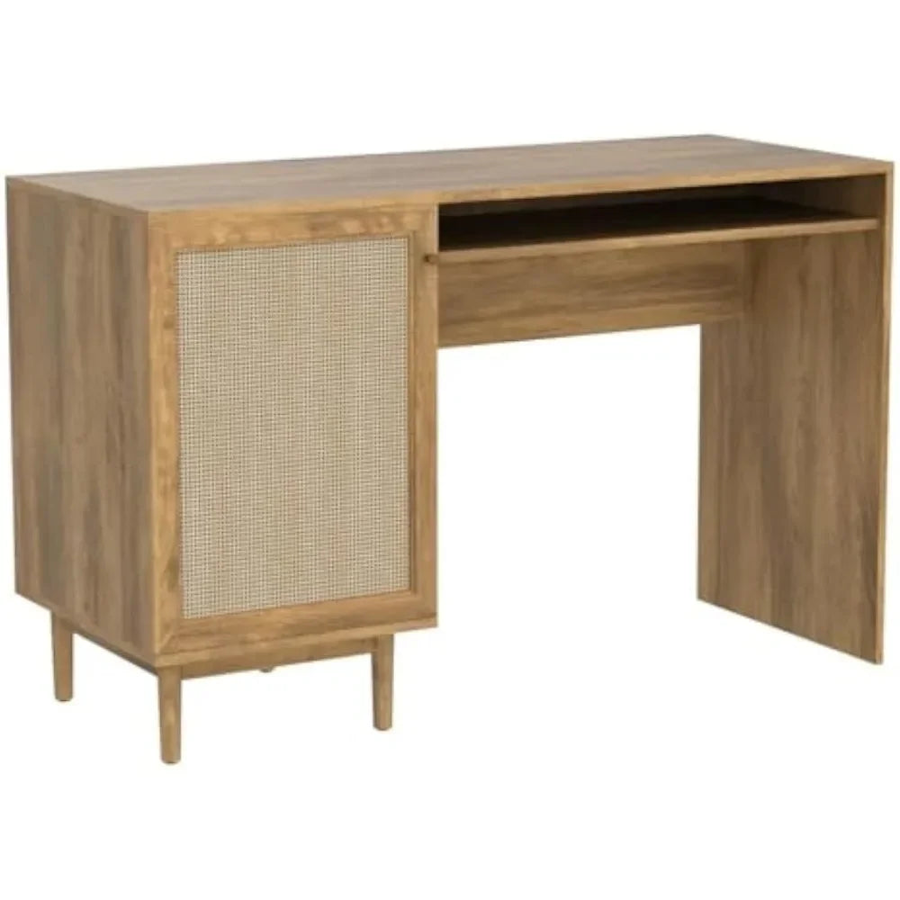 Writing Desk with Natural Rattan Exterior Door, Storage, Adjustable Shelves for Bedroom, Home Office, Farmhouse Computer Desk