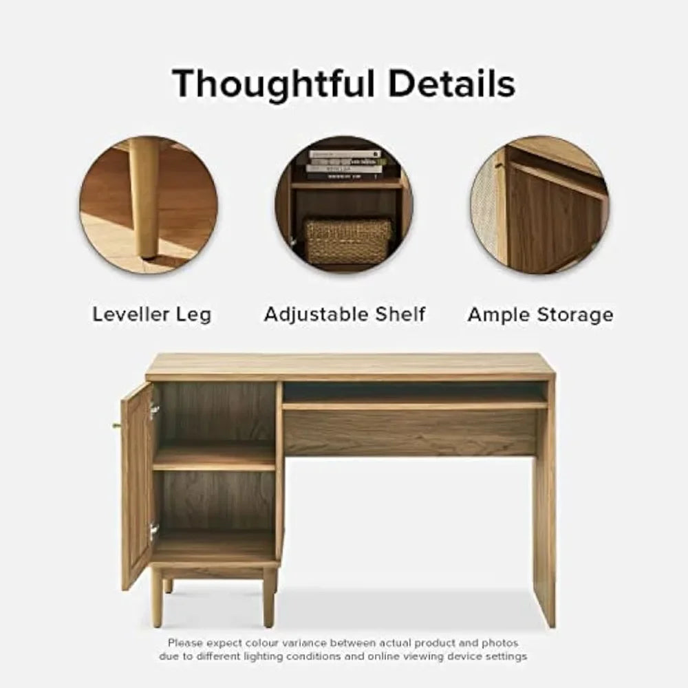 Writing Desk with Natural Rattan Exterior Door, Storage, Adjustable Shelves for Bedroom, Home Office, Farmhouse Computer Desk