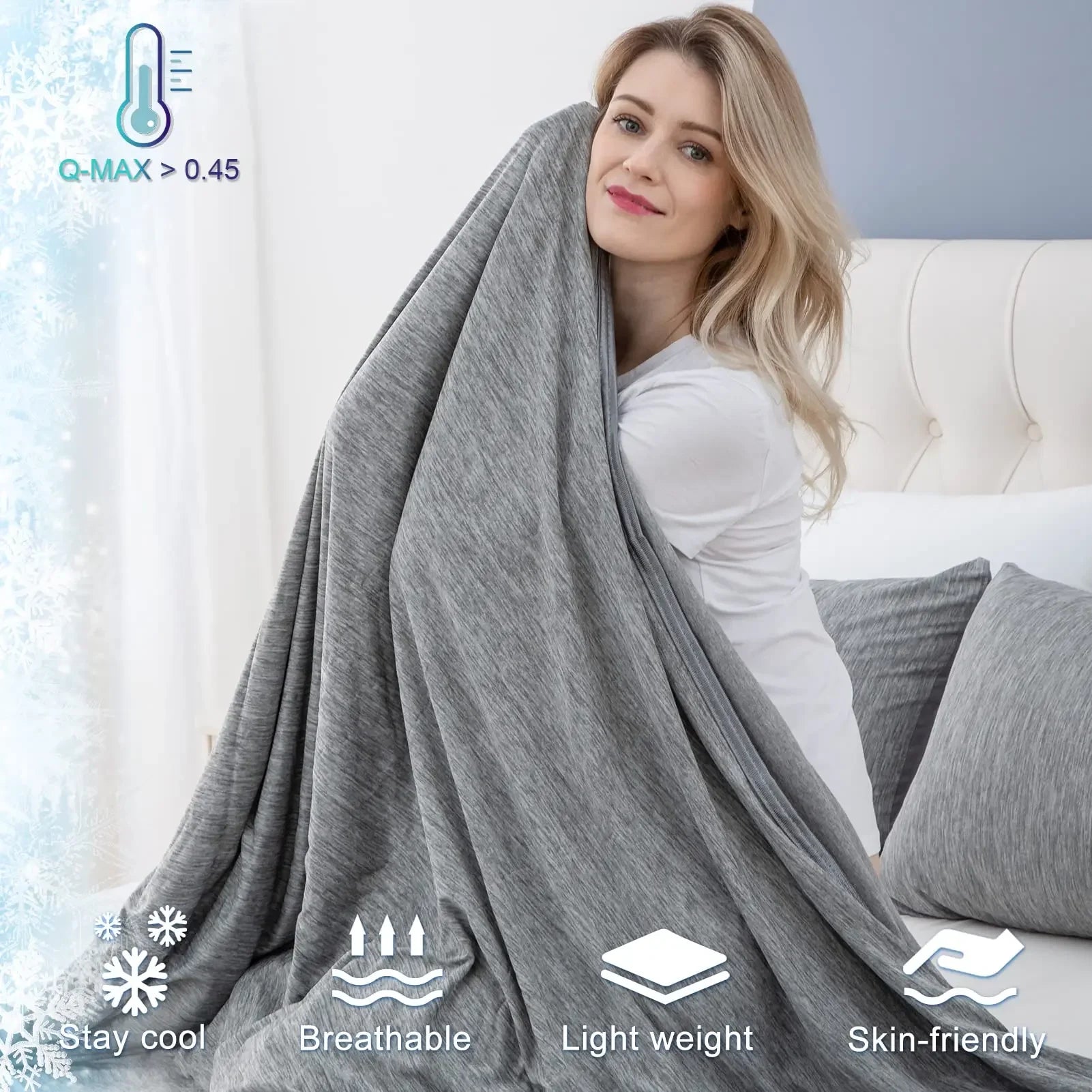 Cooling Duvet, 2-in-1 Summer Blanket, Self-Cooling Cotton Blanket with Q-Max 0.45 Cooling Fibres, Adult Cooling Blanket, Thin