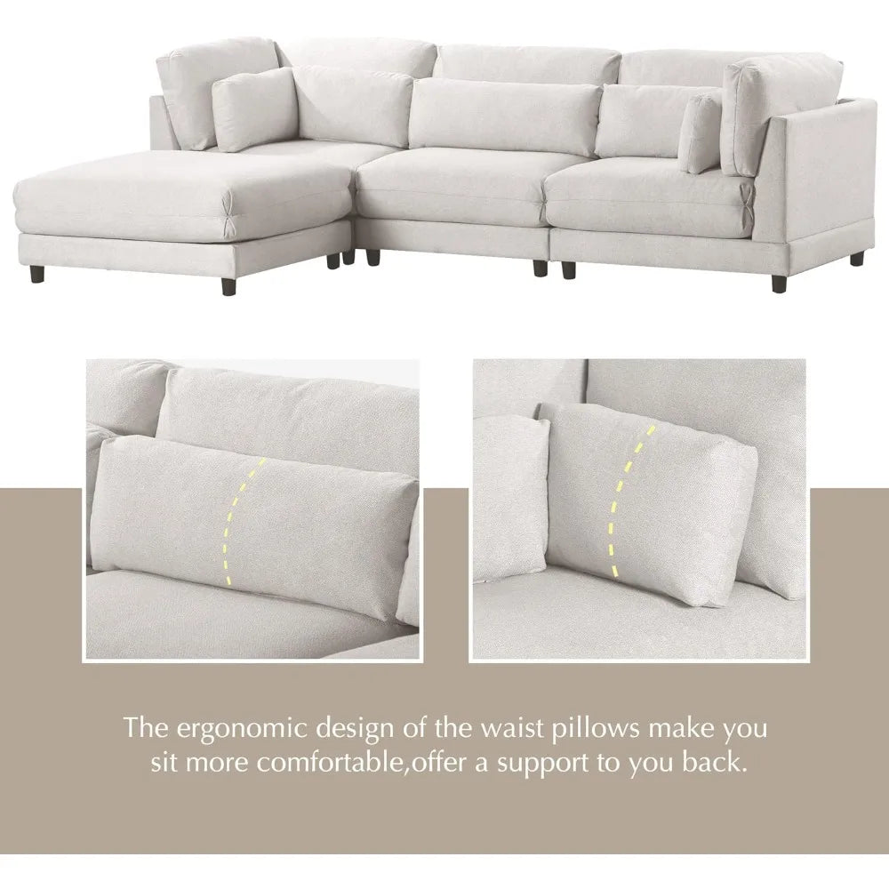 Living Room Sofas with Reversible Chaise, Ottoman & 2 Pillows