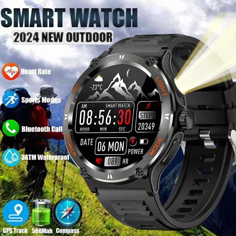 Bluetooth Outdoor Sports Fitness Tracker Smart Watch for Military Men - Rugged design with heart rate monitoring and GPS capabilities.