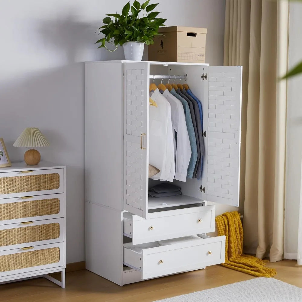 Freestanding Wardrobe with 2 opened Woven Doors and t-shirts of different colors in a room