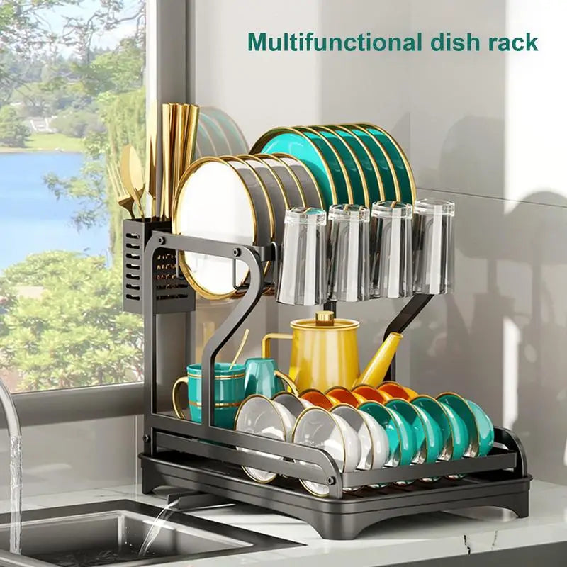 Double-layer Dish Drying Rack with Drip Tray