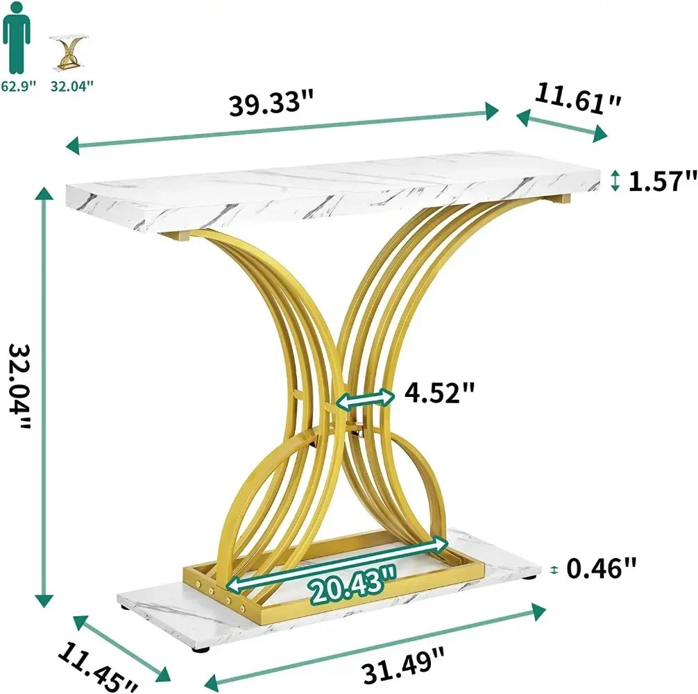 Gold Narrow Console Table Side with Faux Marble